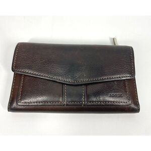 Vintage Fossil Emory Dark Brown Leather Contrast Stitching Envelope Snap Wallet